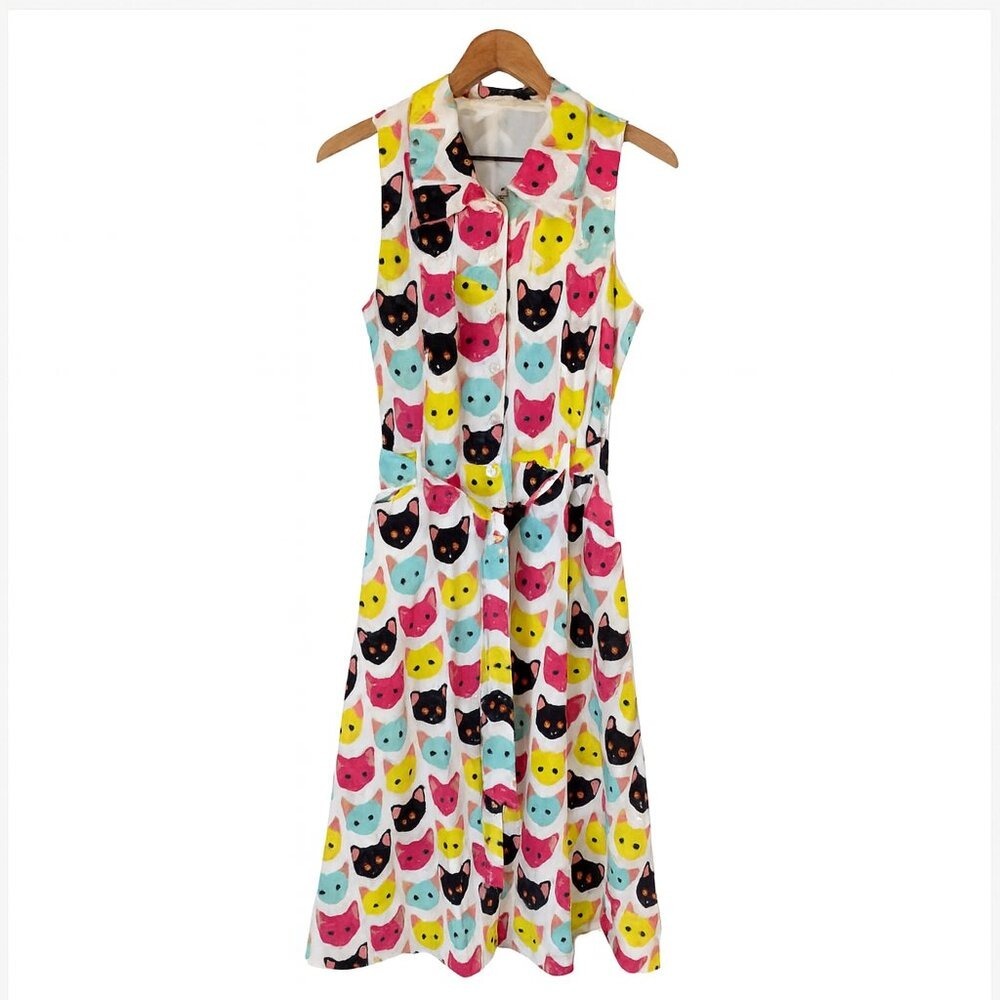 Saint Geraldine Dress Cat Print Sleeveless Fit and Flare Belted S Like New Retro